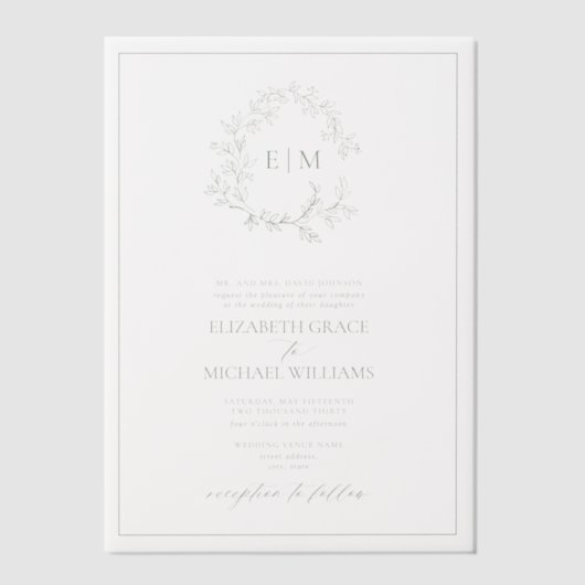 Invitations En Vélin Vellum Sage Vert poitrine Mariage Monogramme (Recto)