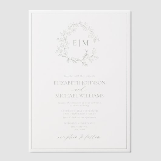 Invitations En Vélin Vellum Sage Vert poitrine Mariage Monogramme (Recto)