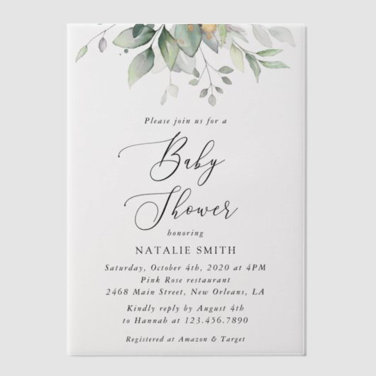 Invitations En Vélin Verdure, Eucalyptus Feuilles, Boho, Baby shower (Recto)