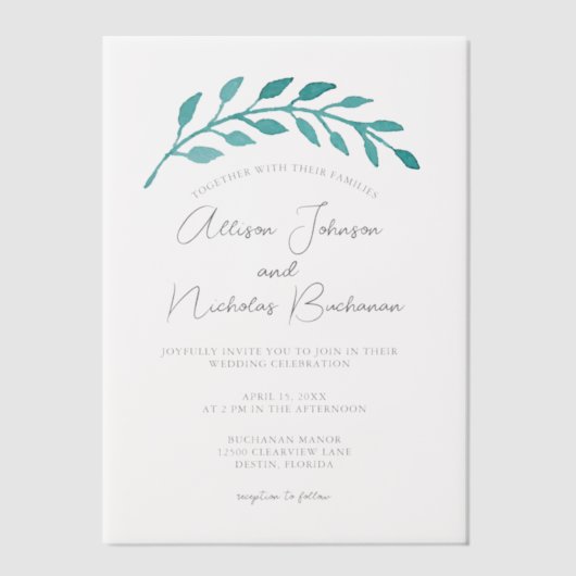 Invitations En Vélin Vigne Turquoise simple Mariage côtier (Recto)
