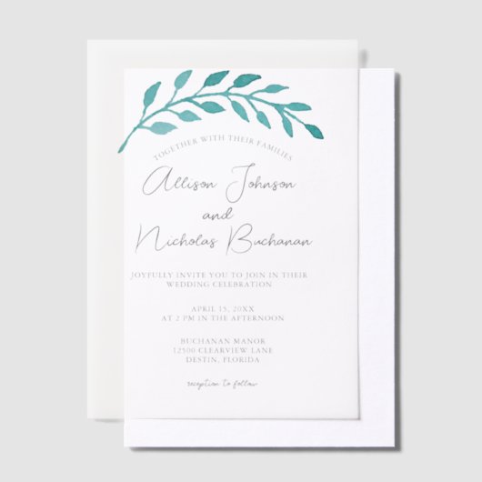 Invitations En Vélin Vigne Turquoise simple Mariage côtier (Compenser)