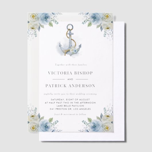 Invitations En Vélin Watercolor Blue Floral Anchor Coastal Wedding (Compenser)