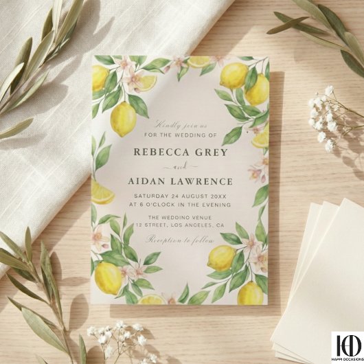 Invitations En Vélin Watercolor Wreath Mediterranean Citrus Wedding