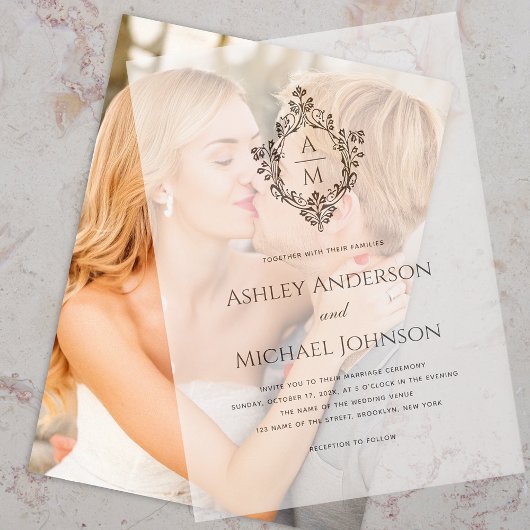 Invitations En Vélin Wedding Monogram in Crest Black and White Elegant