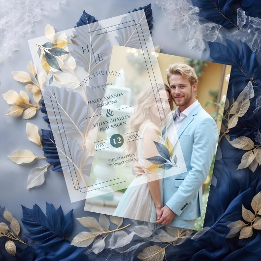 Invitations En Vélin Yellow & Navy Blue Botanical Leaves Corner Initial