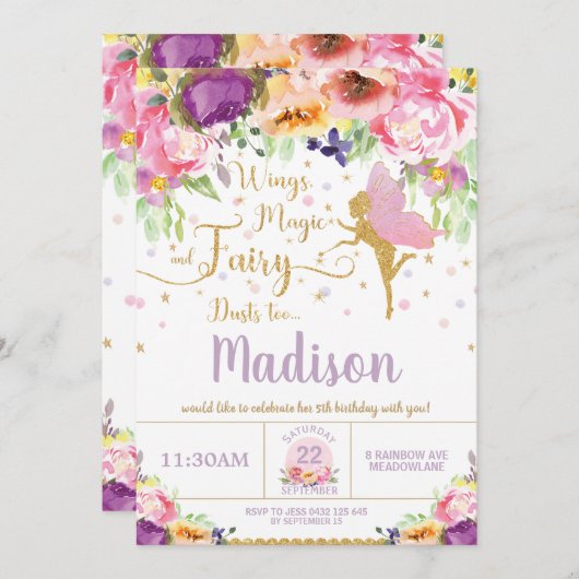 Invitations Fairy Birthday Invitations Purple Flor (Devant / Derrière)
