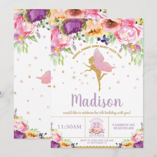 Invitations Fairy Birthday Invitations Purple Flor (Devant / Derrière)