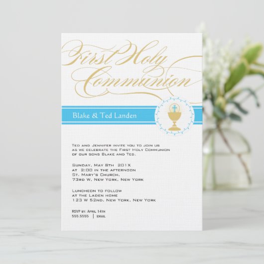 Invitations Fancy Script First Communion| Jumeaux (Debout devant)