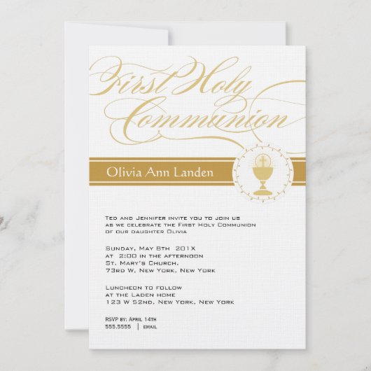 Invitations Fancy Script First Communion| Or (Devant)