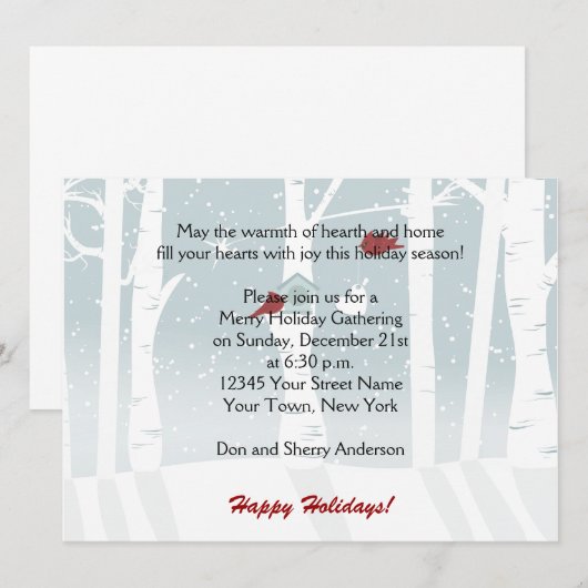 Invitations Fête Oiseaux Rouges de Neige (Devant / Derrière)