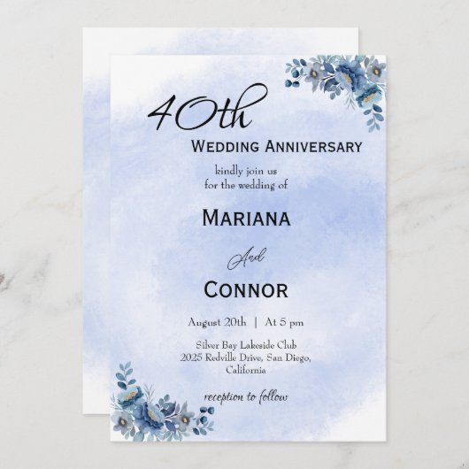 Invitations Floral Mariage bleu moderne (Devant / Derrière)
