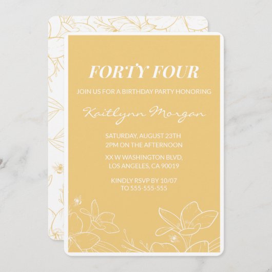 Invitations Floral Modern Jaune 44e anniversaire (Devant / Derrière)