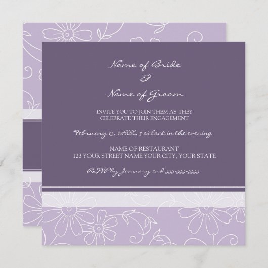 Invitations florales blanches pourpres de partie (Devant / Derrière)