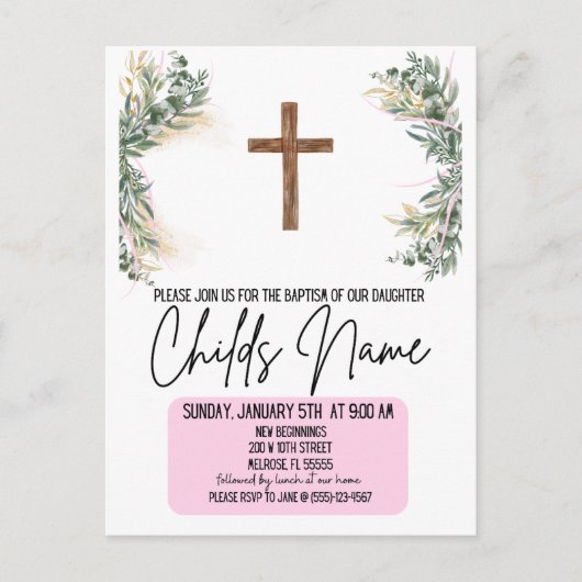 Invitations florales de baptême Boho (Devant)