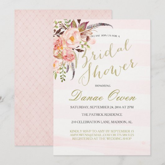 Invitations florales de Fête de la mariée de rose (Devant / Derrière)