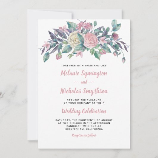 Invitations florales de mariage de rose (Devant)