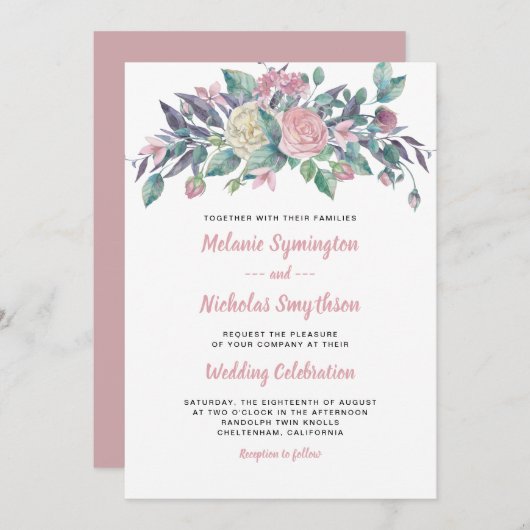 Invitations florales de mariage de rose (Devant / Derrière)