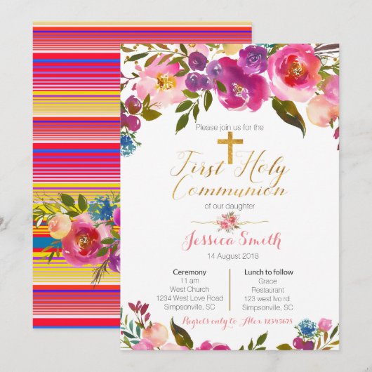Invitations Florales First Holy Communion Mexicain (Devant / Derrière)
