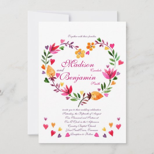 Invitations florales modernes de mariage de coeur (Devant)