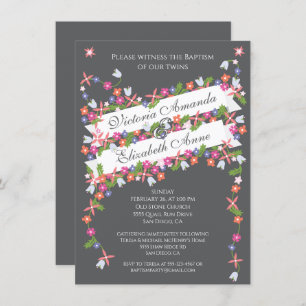Invitations florales modernes jumeaux Baptême