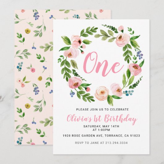 Invitations florales roses 1er anniversaire | Peon (Devant / Derrière)