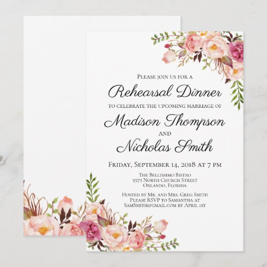 Invitations florales roses rustiques de dîner de (Devant / Derrière)