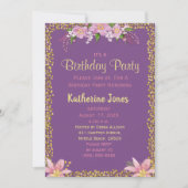 Invitations florales violet et or fête d'anniversa (Devant)