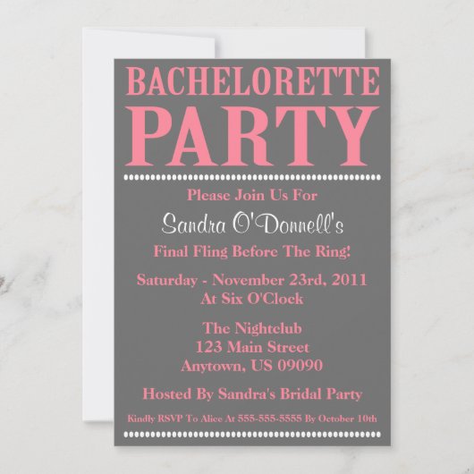 Invitations Fraîches Bachelorette (Pink / Grey) (Devant)