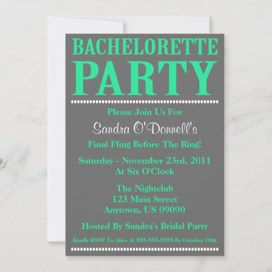 Invitations frais de partie de Bachelorette (vert (Devant)