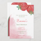 Invitations fraise 1er anniversaire avec photo. (Devant / Derrière)