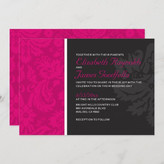 Invitations fuchsia de mariage damassé (Devant / Derrière)