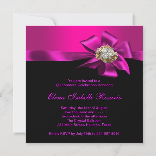 Invitations Fuchsia Quinceanera noir et rose chaud (Dos)