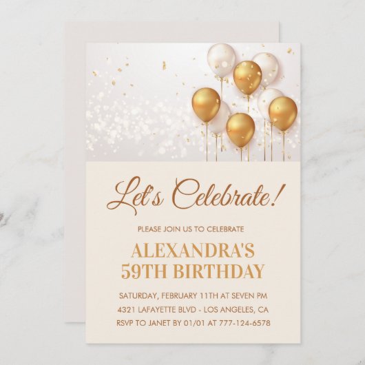 Invitations Gold 59e anniversaire Ballons (Devant / Derrière)
