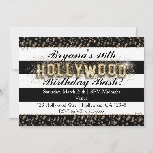 Invitations Gold Hollywood noir et blanc stries (Devant)