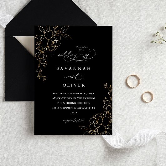 Invitations Gold Linal Black Wedding Floral
