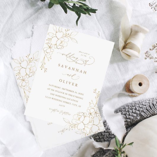 Invitations Gold Lined Floral White & Gold Wedding