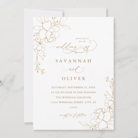 Invitations Gold Lined Floral White & Gold Wedding (Devant)