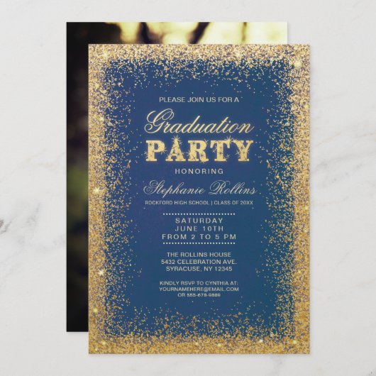 Invitations Gold & Parties scintillant Graduation (Devant / Derrière)