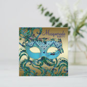 Invitations Gold Turquoise Blue Masquerade Party (Debout devant)