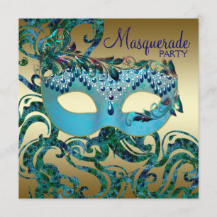 Invitations Gold Turquoise Blue Masquerade Party