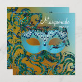 Invitations Gold Turquoise Blue Masquerade Party (Devant / Derrière)