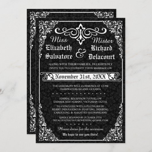 Invitations gothiques noires de Mariage damassé vi (Devant / Derrière)