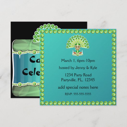 Invitations Green Peacock Lady Carnaval (Devant / Derrière)