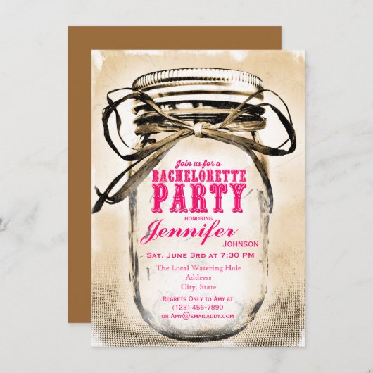 Invitations Hot Pink Mason Jar Bachelorette Party (Devant / Derrière)