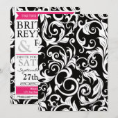 Invitations Hot Pink White & Black Mariage damassé (Devant / Derrière)