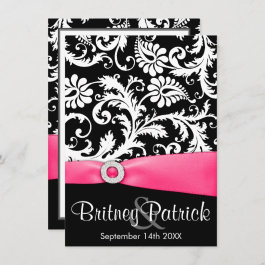 Invitations Hot Pink White & Black Mariage damassé (Devant / Derrière)
