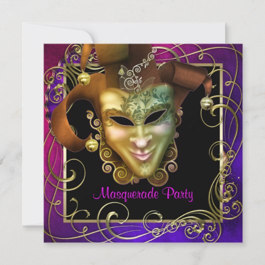 Invitations Hot Rose Purple Gold Masquerade Party (Devant)