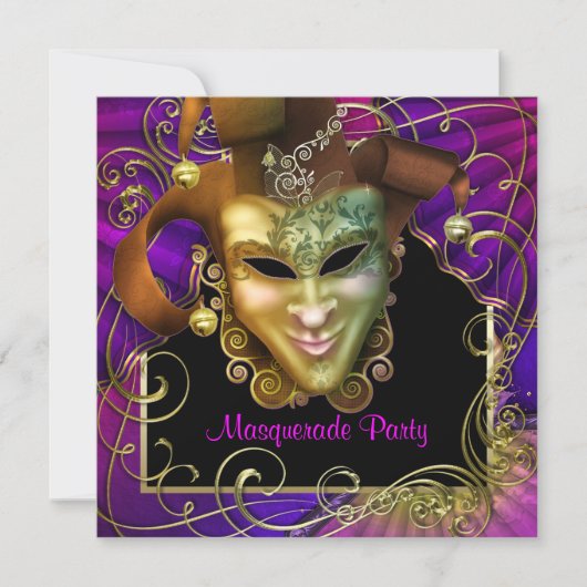 Invitations Hot Rose Purple Gold Masquerade Party (Devant)