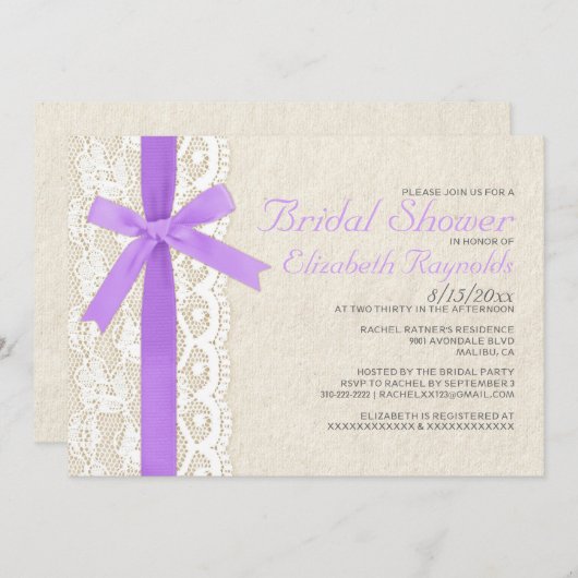 Invitations Lavender Bow & Lace Bridal Show (Devant / Derrière)
