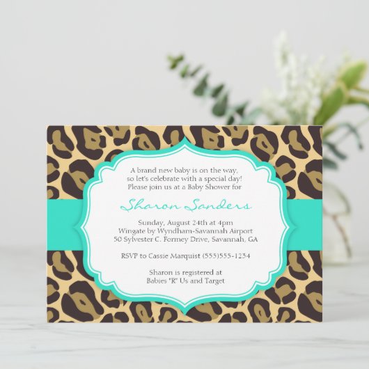 Invitations Leopard & Turquoise Baby Shower (Debout devant)
